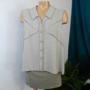 Selene Sport Button Down Top Women XL Beige Linen Blend Whipstitch Sleeveless